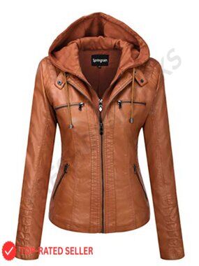 Faux Leather Moto Biker Jacket with Removable Knit Hood